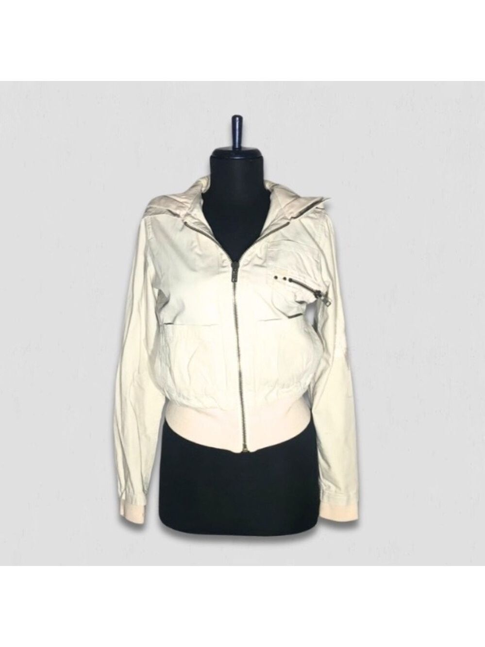 Volcom Y2K Skater Cropped Hooded Bomber Jacket Beige Cream XS